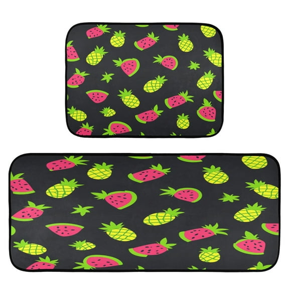 Black Fruit Pattern 2-Piece Kitchen Carpet Mat Set, Non-Slip Memory Foam, Soft for Kitchen and Living Room Use