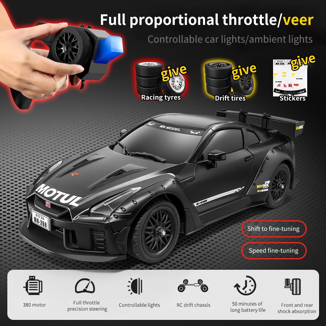 1:20 Scale High-Speed Remote Control Drift Car with Realistic Lights, 2.4GHz 4WD RC Stunt Car, 50-80m Range, USB Rechargeable, Ready-to-Run Racing Toy for Teens & Adults