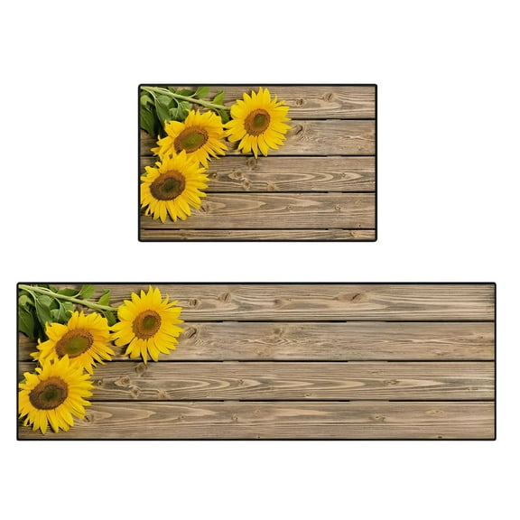 LAMIRO Yellow Sunflower Kitchen Rugs and Mats Non Skid Washable Set of 2,Rustic Wooden Board Kitchen Mats for Floor,Vintage Farmhouse Floral Blossom Under Sink Mats for Kitchen