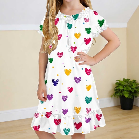 Cethrio Girls' Nightgowns Size 7-8, Mid-length Fashion Puff Sleeve Summer Kids Sleep Dresses Sleepwear Multicolor Size 8