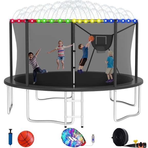 Elitezip 1400LBS 14FT Trampoline, Outdoor Trampolines for Kids with Enclosure Net, Trampoline with Basketball Hoop, Light, Sprinkler and Ladder, Heavy Duty Backyard Trampoline, Round Trampolines