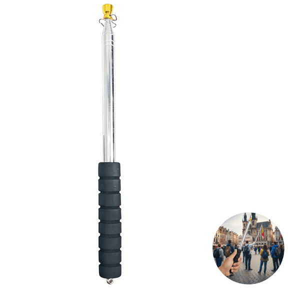 8.2 ft / 2.5 Meters Telescopic Handheld Flag Pole, Stainless Steel Tour Guide Flag Pole with 4 Clips, Retractable Design, Anti-Slip Sponge Grip, Golden Tip and Black Handle for Indoor Outdoor Use