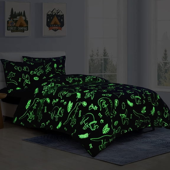 Glow in The Dark Comforter Set 7 Piece Full with Sheets, Blue Dinosaur Velvet Bedding Comforter Sets for Twin Bed, Ultra Soft Down Alternative Comforter for Boys Kids, Bed in a Bag