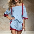 thumbnail image 3 of Karymi Womens Blouses Tracksuit 2 Piece Outfit, Contrast Off Shoulder Short Sleeve Striped Cuff Baot Neck Top & Elastic Drawstring Waist Side Trim Shorts Going Out Tops, 3 of 7