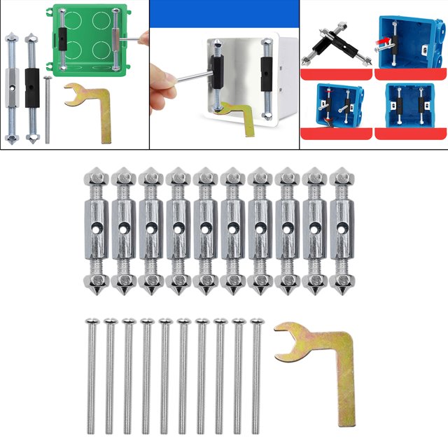 kit de varilla de soporte de tornillos de casete de 21 piezas colco — juego con 10 varillas roscadas de hierro, 10 fijadores metálicos tipo casete y una llave gancho; imagen frontal muestra fijadores y varillas alineados, tomas secundarias ilustran montaje y apriete en caja de conexión de interruptor 86/118; también a menudo usado para reparaciones rápidas de cajas de enchufe.