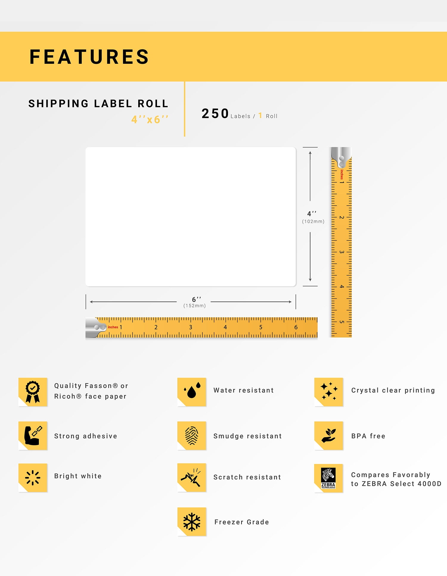 HOUSELABELS 4" x 6" Premium Freezer Labels (Service Temperature from -58F to +158F) on 1" Core Compatible with Zebra and Rollo Printers, 11 Rolls / 250 Labels per Roll