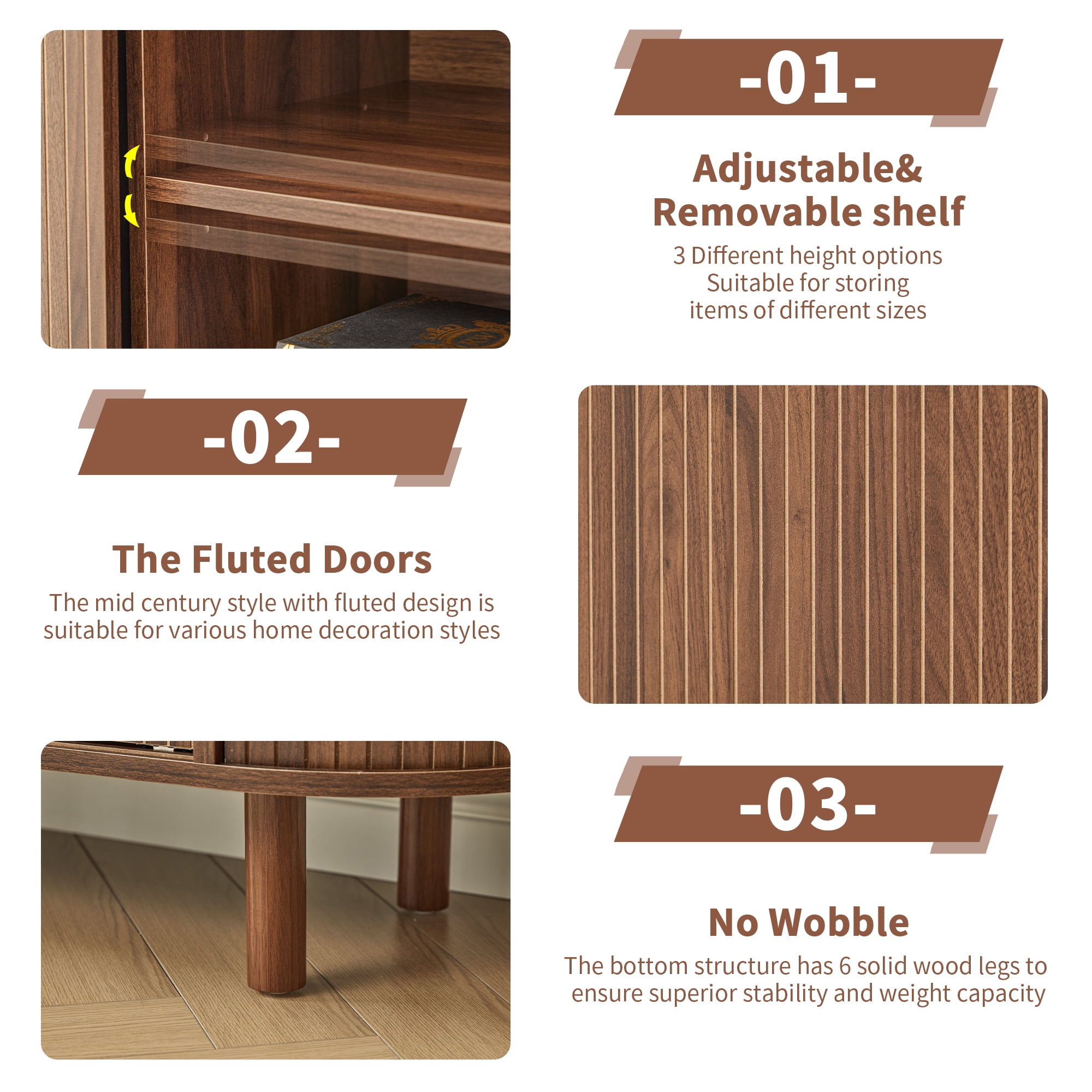 LEFHDA 70.8" Mid Century Modern TV Stand, Wood Tambour Door Entertainment Center with Storage for TVs Up to 75", Curved Edge Cabinet for Living Room Bedroom（Walnut）