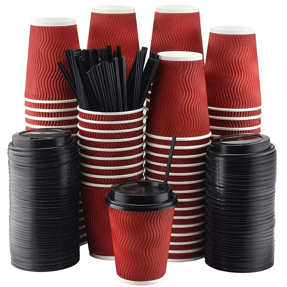 NYHI Set of 100 Red Disposable Paper Cups with Black Lids and Straws