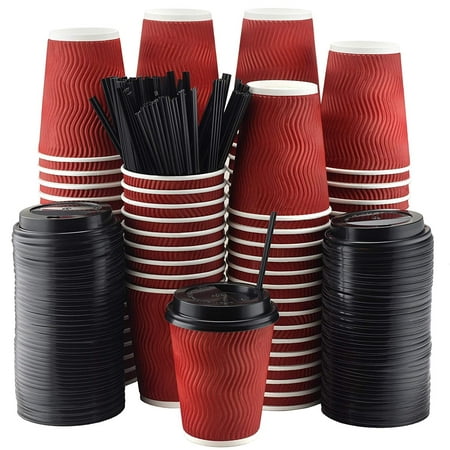 NYHI Set of 100 Red Disposable Paper Cups with Black Lids and Straws (12-oz) | Ripple Insulated Kraft for Hot Drinks - Tea & Coffee | Triple Layer Design | Eco- Friendly, Recyclable, Durable