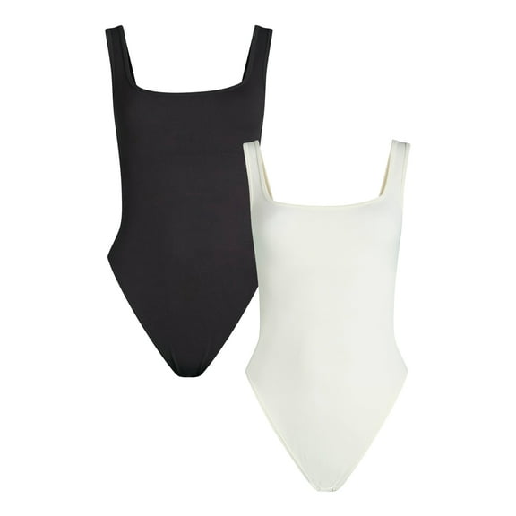 Joyspun Women's Seamless Slimming Square Neck Tank Bodysuit, 2-Pack, Sizes S-3XL