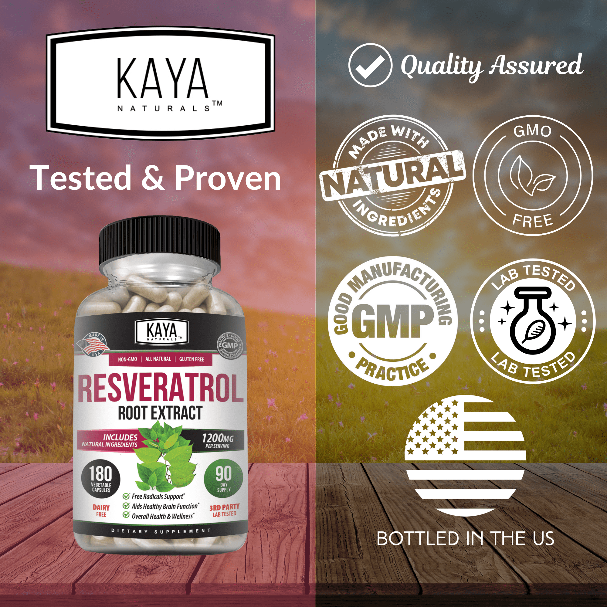 Kaya Naturals - Resveratrol Capsules - Anti Aging Supplement - Antioxidants with Brain Support - Maximum Benefits - 180 Veggies Capsules