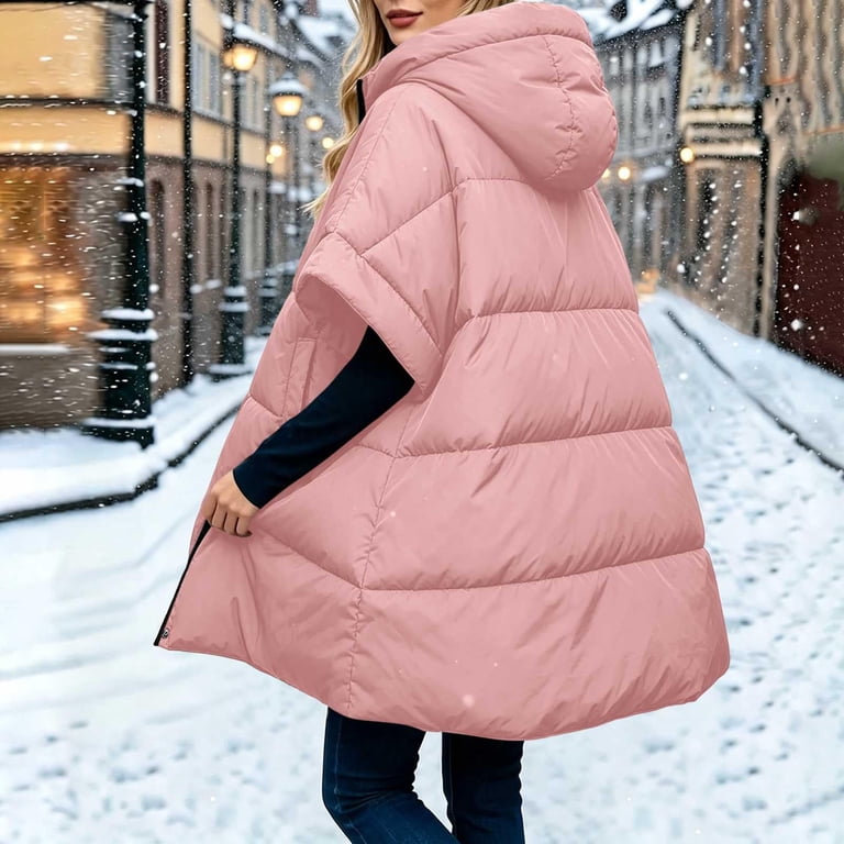 Zip Button Snap Domzest Women Mid‑Length Hooded Puffer Cape Coat Short Sleeve Quilted ...