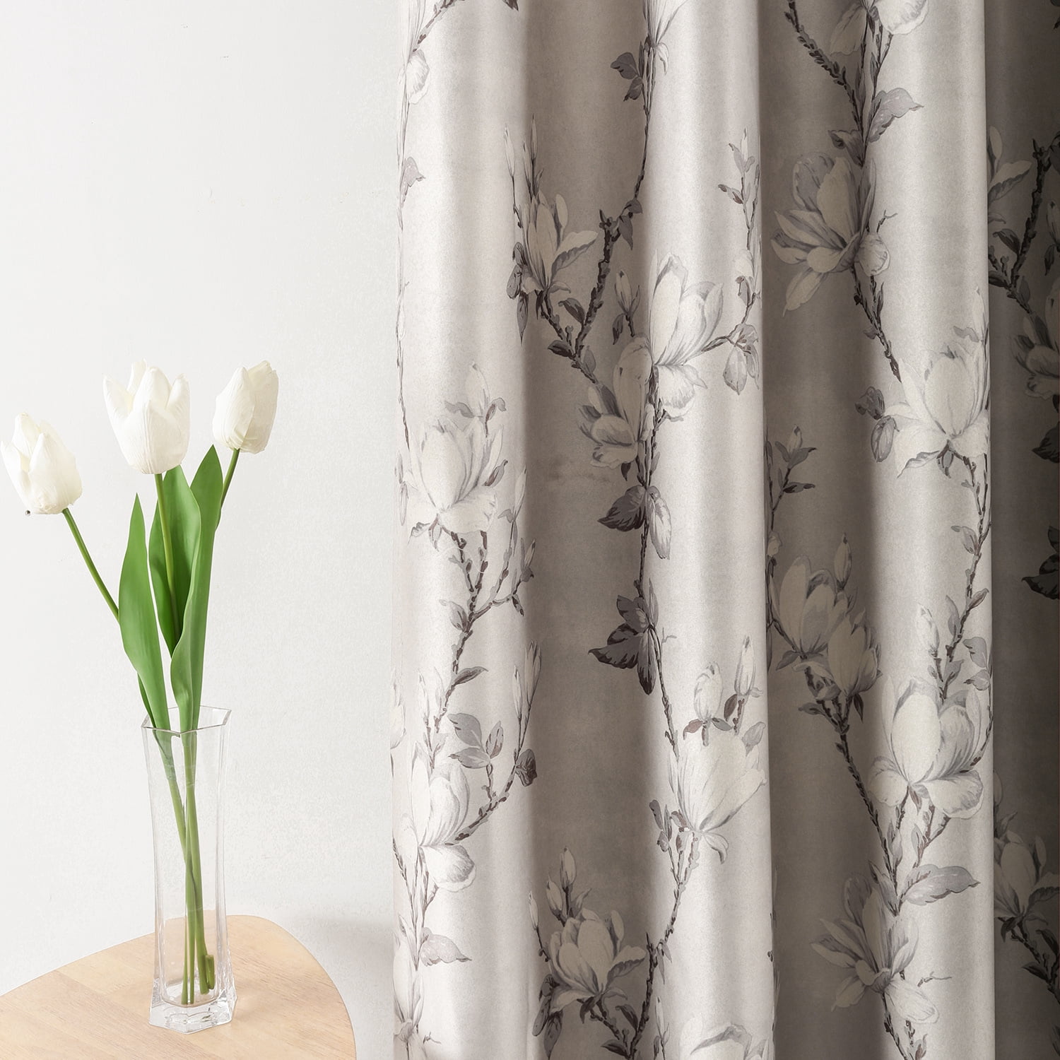VOGOL Magnolia Flower Blackout Curtains for Bedroom, Grommet Thermal Insulated Room Darkening Curtains for Living Room Patio Door Window Drapes, 2 Panels, W52 x L96, Grey