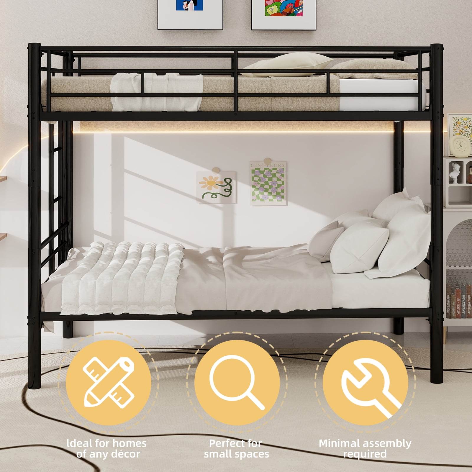 Twin Over Twin Metal Bunk Bed for Kids Boys Girls, Heavy Duty Steel Structure Bedframe with Ladders & Full Guardrail, Converts to 2 Separate Beds, No Box Spring Required, Black