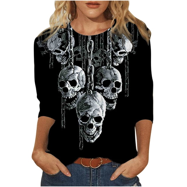 Camiseta de manga larga con estampado de cuello redondo a la moda para mujer, blusas informales sueltas Fridja hkj2781