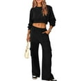 thumbnail image 2 of Women Solid Short Crop Sweatshirt & Pants Suit Simple Casual Loose Tracksuit Set, 2 of 6