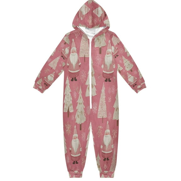 Soft Big Kids Onesie Pajamas Cozy Loose-Fit Jumpsuits for kids with Pockets for Christmas Lounge & Play Pink Santa Claus Pattern