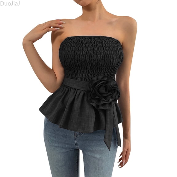DuoJiaJ Women's Strapless Tank Top Summer Casual Sleeveless Blouse Beach Vacation Pure Color Basic T Shirt For Women With Jeans Women Vest Black L