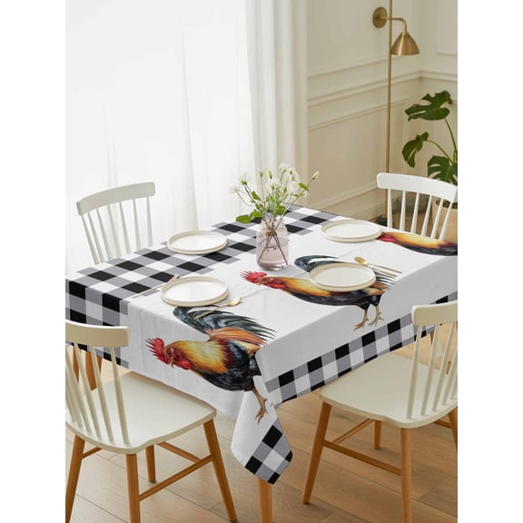 Black White Plaid Rooster Tablecloth Rectangle Table Cloth 60x84, Waterproof Tablecloth Outdoor Table Cloth, Vintage Farmhouse Checkered Washable Table Cover for Kitchen Dinning Party