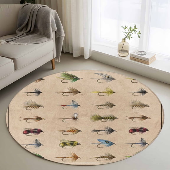 Ocean Fishhooks Round Rug 3ft Washable Circle Entryway Rugs Non Slip Vintage Coastal Fishing Pattern Brown Area Rug Indoor Floor Carpet for Bedroom Kitchen Living Room Home Office Dining Room Nursery