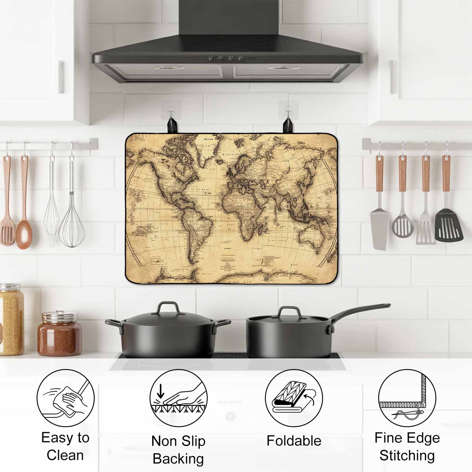 Beige Map Stove Top Cover for Electric Stove, Heat-proof & Non Slip Glass Top Stove Cover Protector, Retro Farmhouse Abstract Illustration Art Kitchen Flat Cooktop Rubber Mat 24x21 Inches