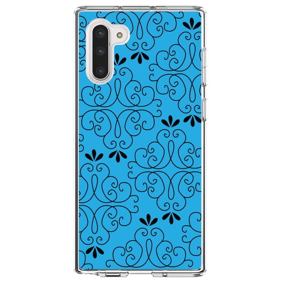 DistinctInk Clear Shockproof Hybrid Case for Samsung Galaxy Note 10 (6.3" Screen) - TPU Bumper, Acrylic Back, Tempered Glass Screen Protector - Blue Black Floral Pattern