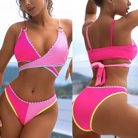 

Finelylove Swimsuit Women Two Piece Push-Up Sport Bra Style Bikini Purple S