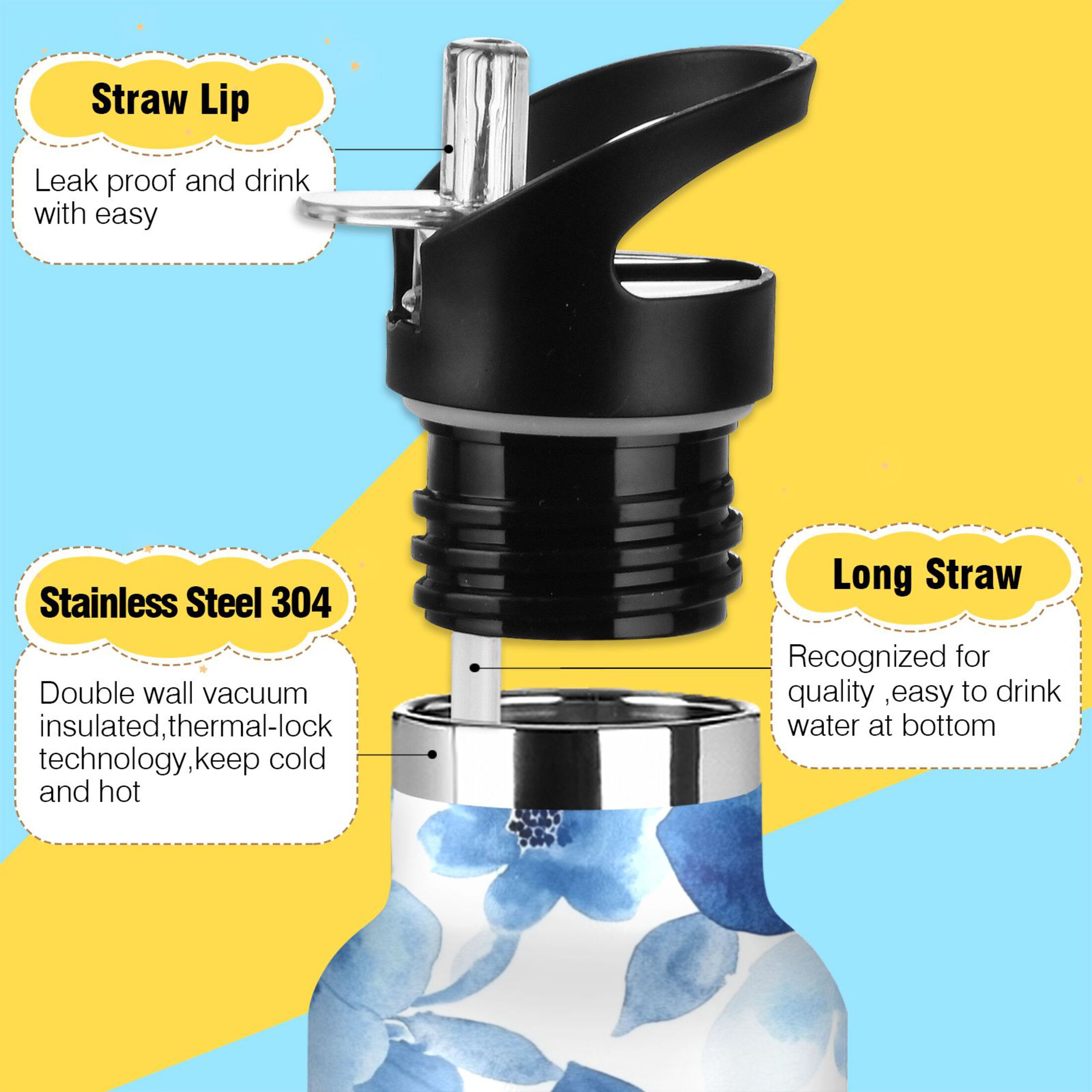 600ML Stainless Steel Insulated Cup Sports Water Bottle Portable Thermos Cup Water Glasses Insulated Tumblers Convenient and Durable Blue Flowers