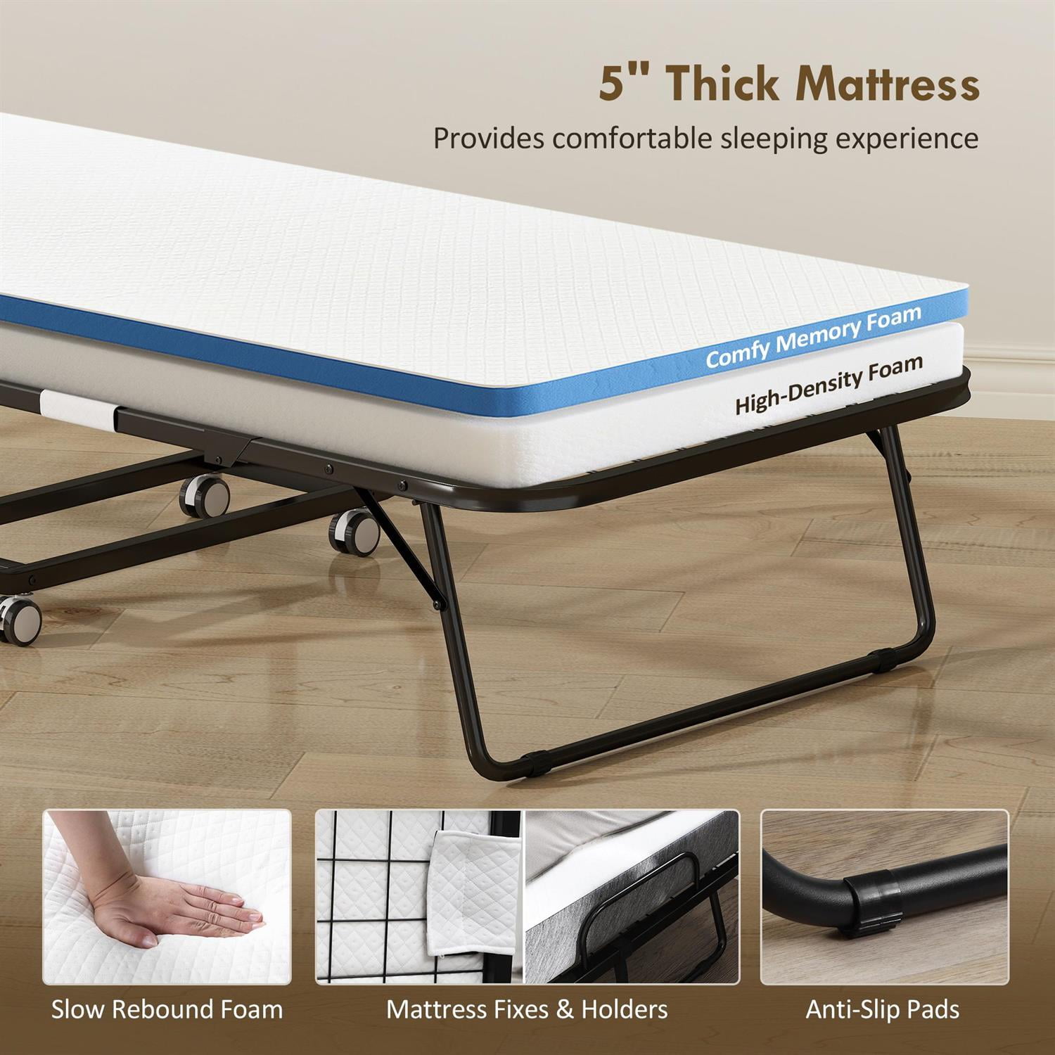 Demi Bonn 78.75" x 35.5" Folding Bed with 4.9" Thickness Mattress, Twin Size Steel Frame, Portable Roll-Away Bed for Adults, Strong Steel Construction, Black