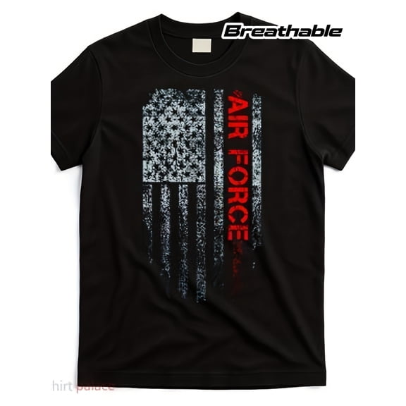 Men's Patriotic Air Force American Flag T-Shirt Distressed Military Veteran Black Short Sleeve Tee Performance Breathable Top