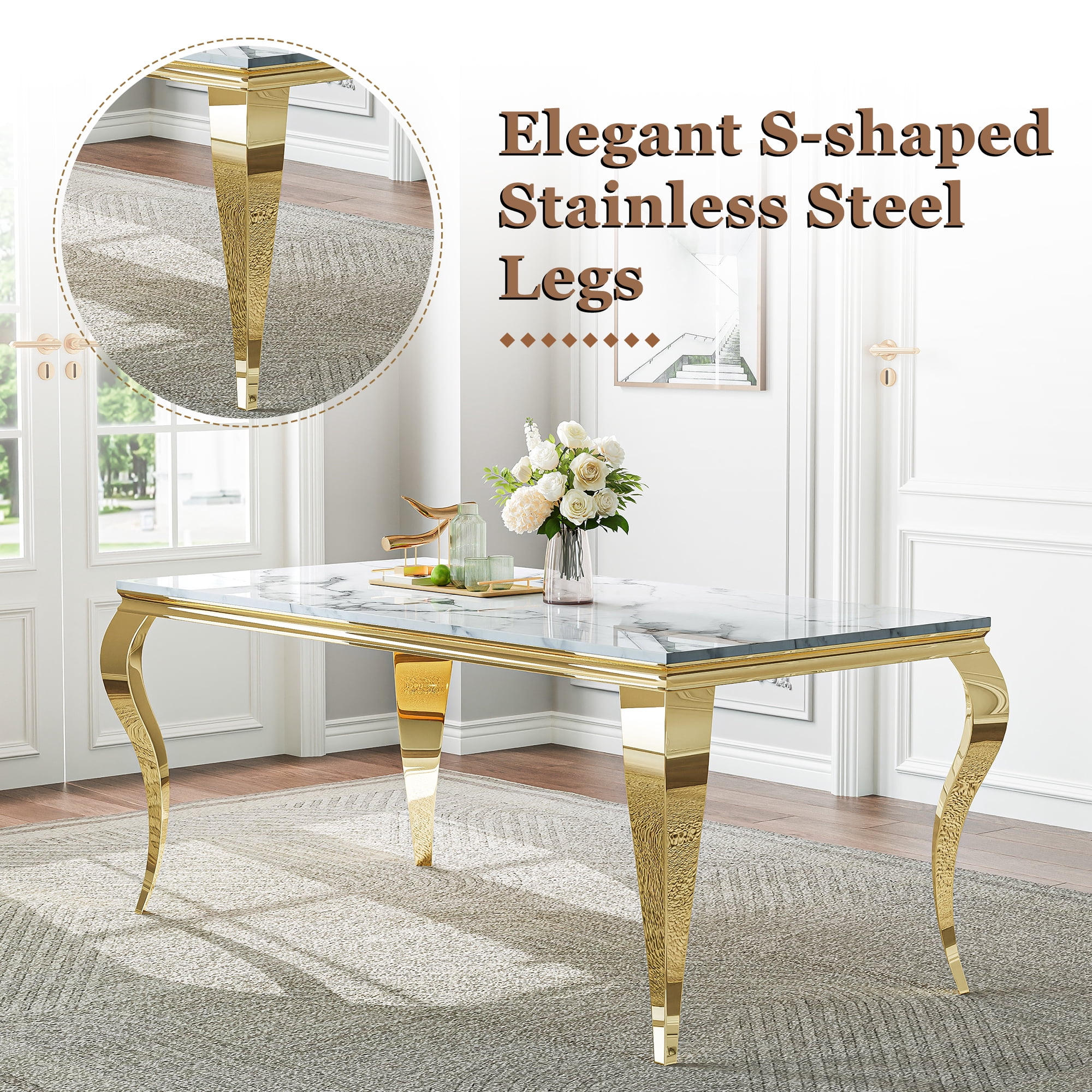 Modern Marble Dining Table, 70" Faux Marble Top and Polished Stainless Steel S-Shaped Legs, for Apartment, Living Room, Kitchen