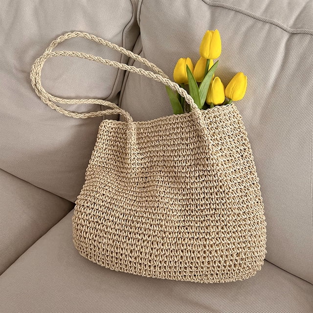 Mochila de ganchillo de paja para mujer - Bolso de playa bohemio con solapa de cordón, mochila de día cruzada para verano
