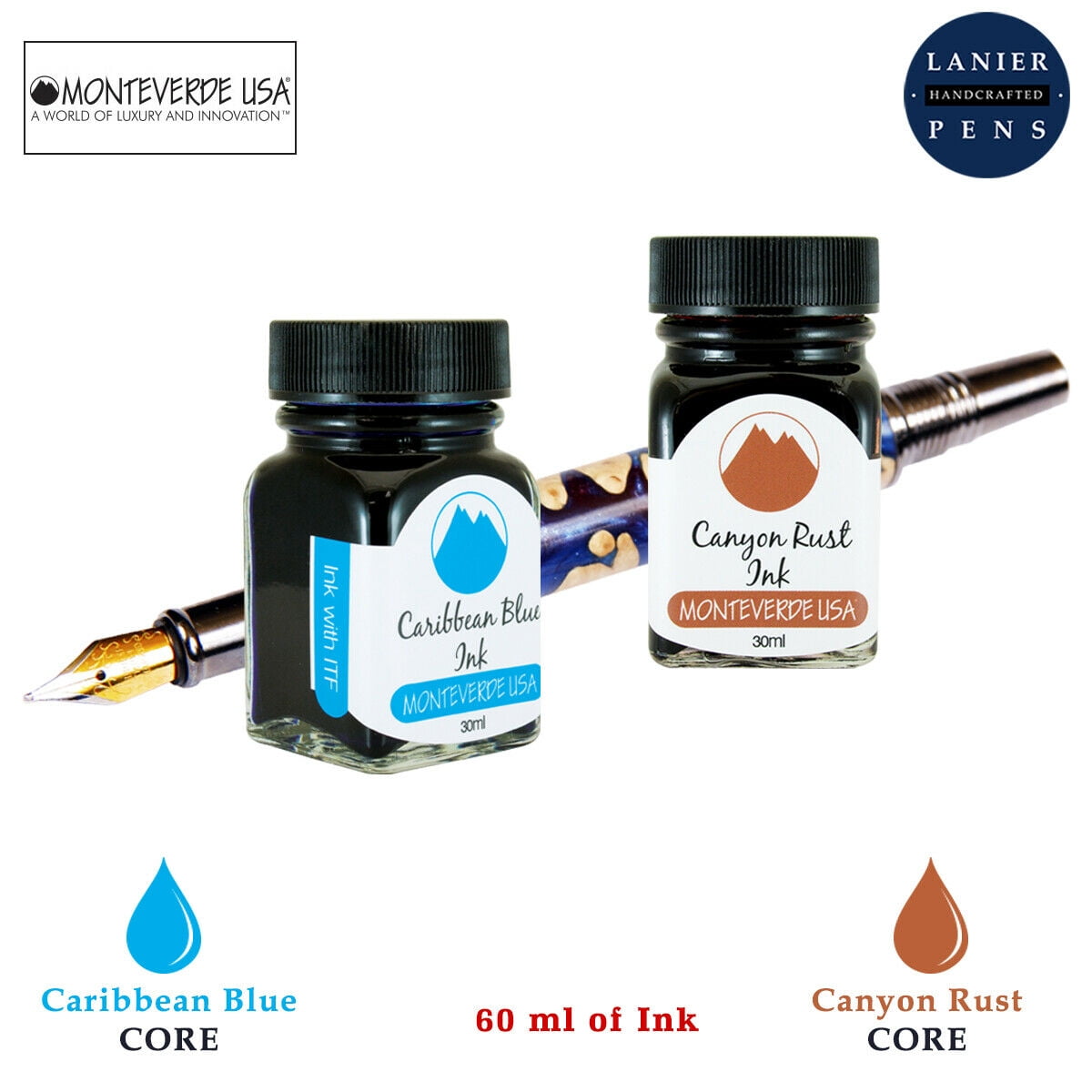Monteverde 60ml Core Fountain Pen Ink Bottle (30ml Caribbean Blue Ink Bottle G309CU, 30ml Canyon Rust Ink Bottle G309CP)