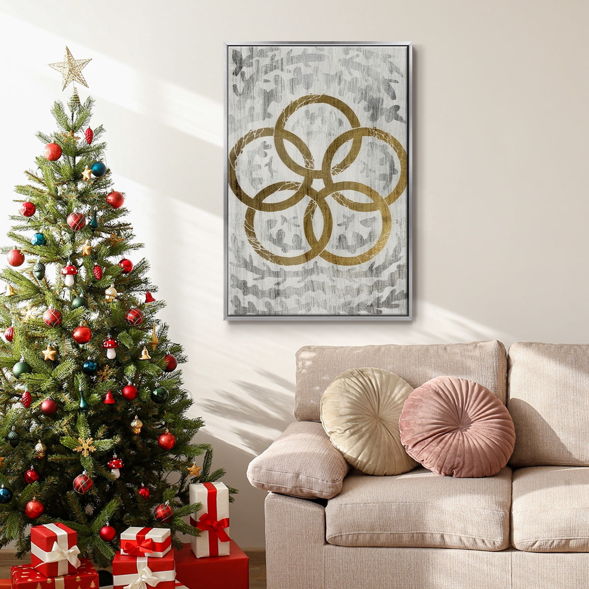 Five Golden Rings - Gold Leaf Holiday - Framed Gallery Wrapped Holiday Canvas - 17 x 25 - Silver Frame
