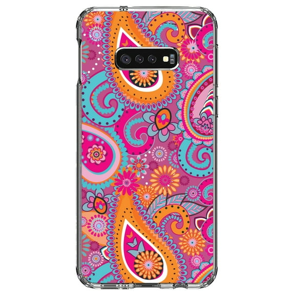 DistinctInk Clear Shockproof Hybrid Case for Samsung Galaxy S10e (5.8" Screen) - TPU Bumper, Acrylic Back, Tempered Glass Screen Protector - Pink Blue Orange Paisley