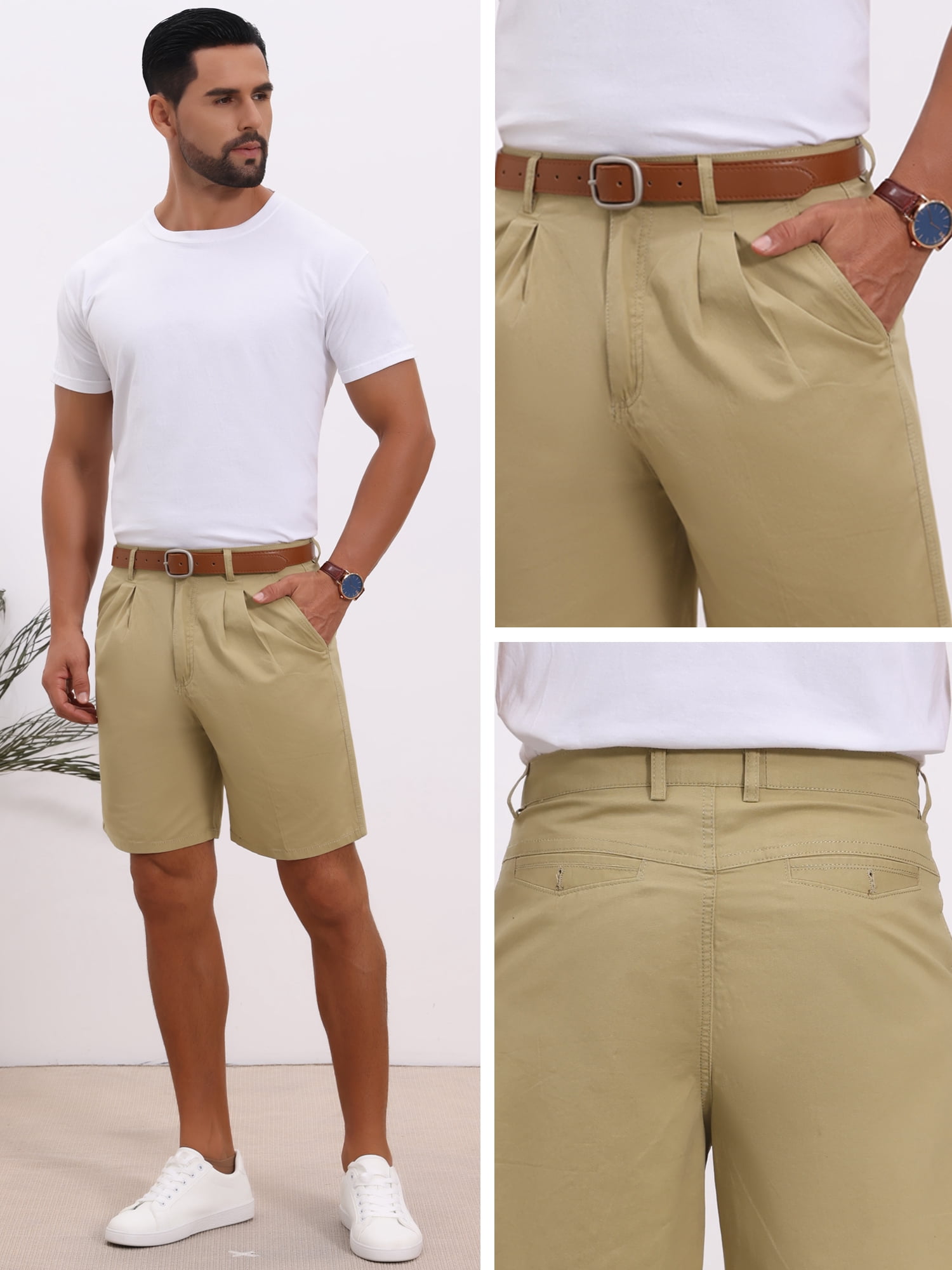 DARING DIVA Men's Above Knee Short Pants with Pockets Mid Waisted Shorts 32 Khaki