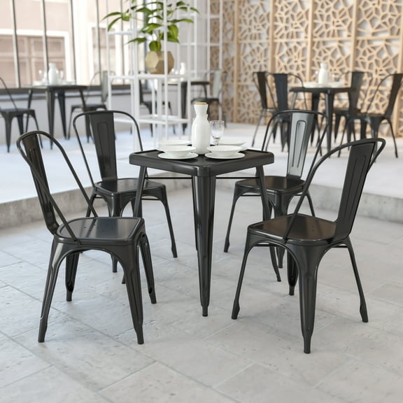Emma Oliver Commercial 23.75" Square Black Metal Indoor-Outdoor Table Set-2 Stack Chairs