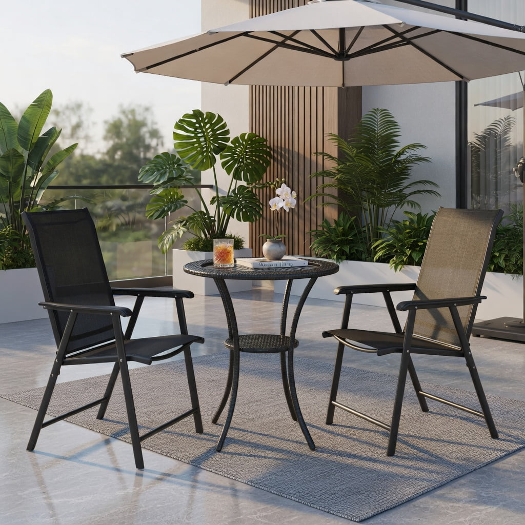 Hommoo 2-Pack Foldable Outdoor Patio Chairs with Ergonomic Armrests, Heavy-Duty Steel Frame, Weather-Resistant Fabric, Black