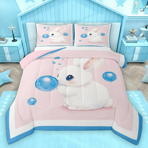 Homewish Cartoon Rabbit Bedding Comforter Set 2pcs for Preppy Children,Kawaii Animal Twin Comforter Sets Microfiber,Pink Blue White Breathable Bedding Set,Breathable Home Decor,Reversible