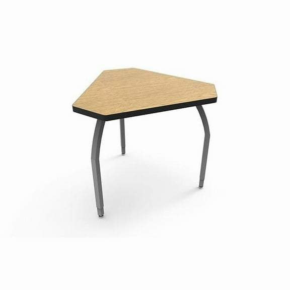 Elo Diamond Desk with Bannister Oak Laminate & 3 Junior Adjustable Smooth Silver Legs - 21-26 x 34 x 30 in.