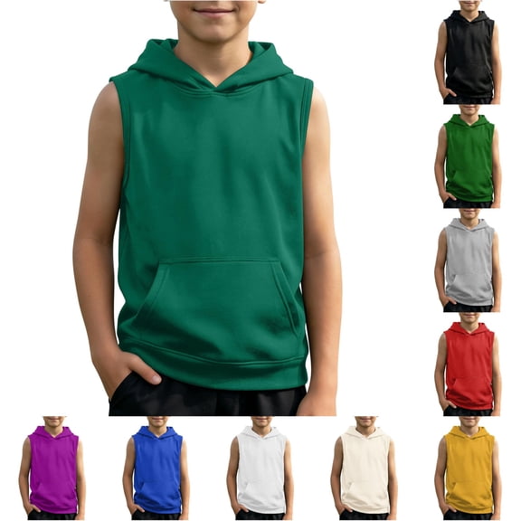 JAJAHO Boys Muscle Tank Tops Athletic Workout Sleeveless Hoodies With Pocket For Kids 2-12Y