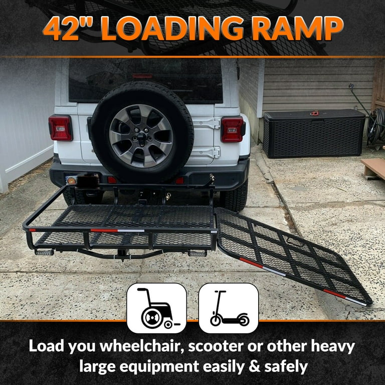 HECASA Hitch Mounted Cargo Carrier with Mobility Ramp for Disability Folding Medical Rack Wheelchair Scooter Lawn Mower Snow Blower Hauler 500lb