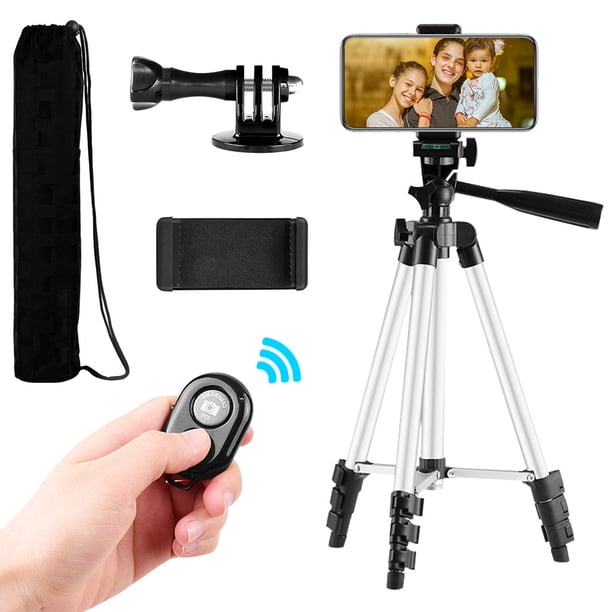 Trípode de viaje ligero de 110cm con control remoto Bluetooth - 4 secciones ajustables, soporte universal para cámara y teléfono, bolsa de transporte incluida - Carga máxima 1.5kg, ideal para