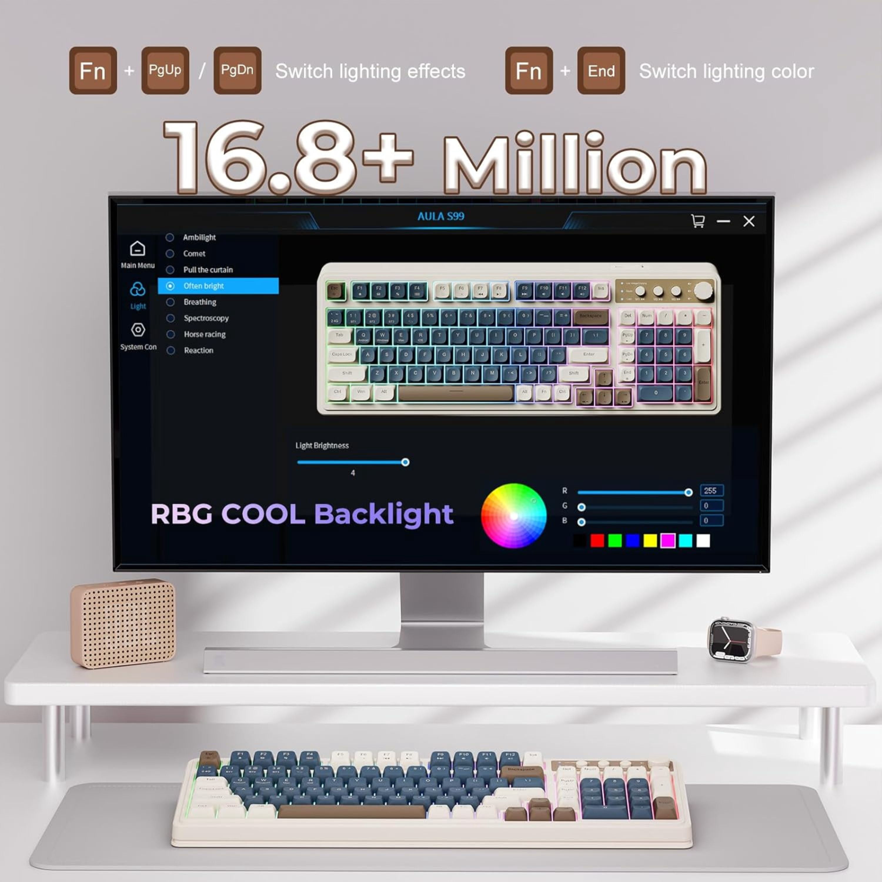 AULA S99, 99-Key, Wireless, Membrane, Gaming Keyboard, RGB, 5-Layer Padding, 2000 mAh Battery, Knob