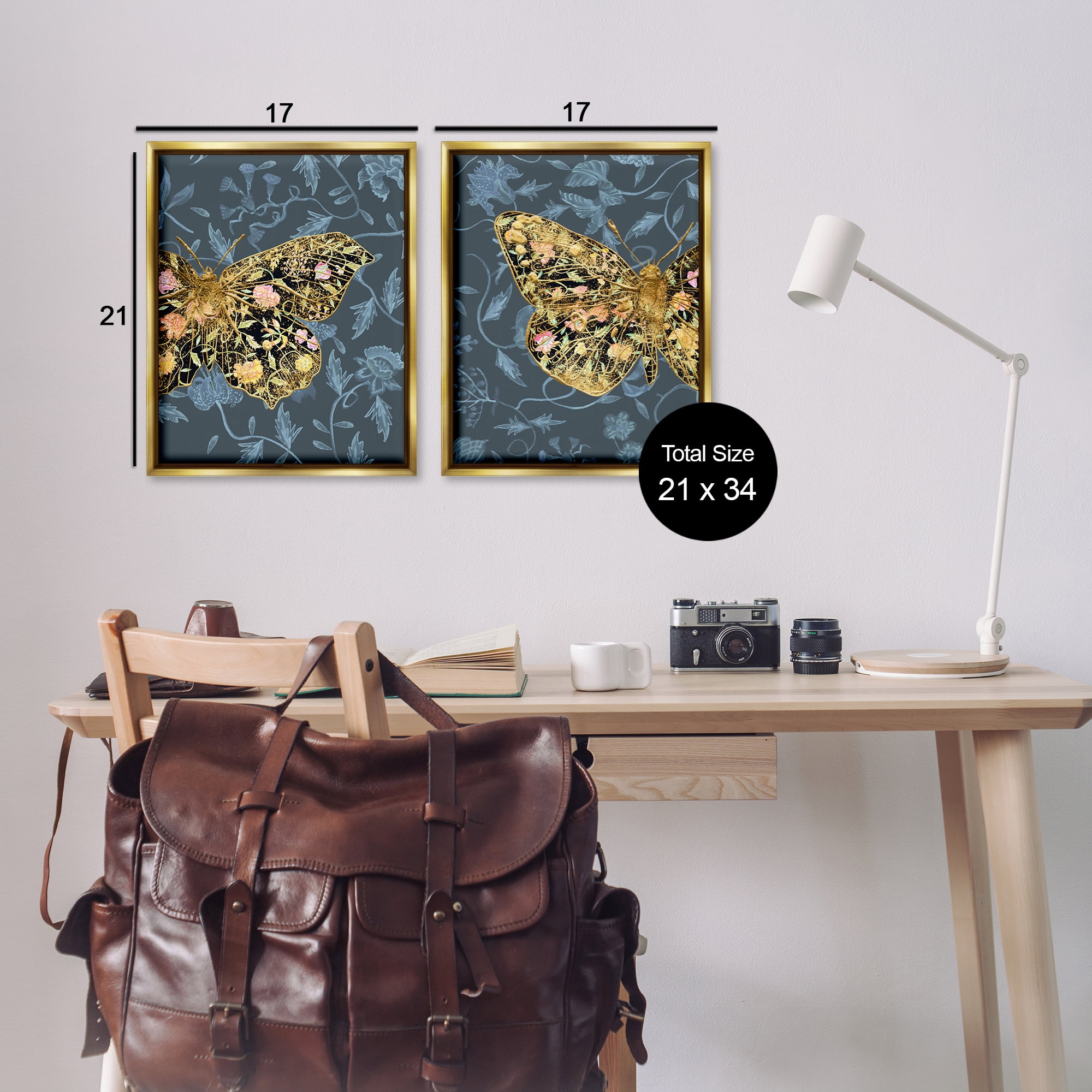 Stupell Industries Gold Winged Black Moth Floral Animals Painting Gold Floater Framed Canvas Art Print Wall Art, 17 x 21, Set of 2