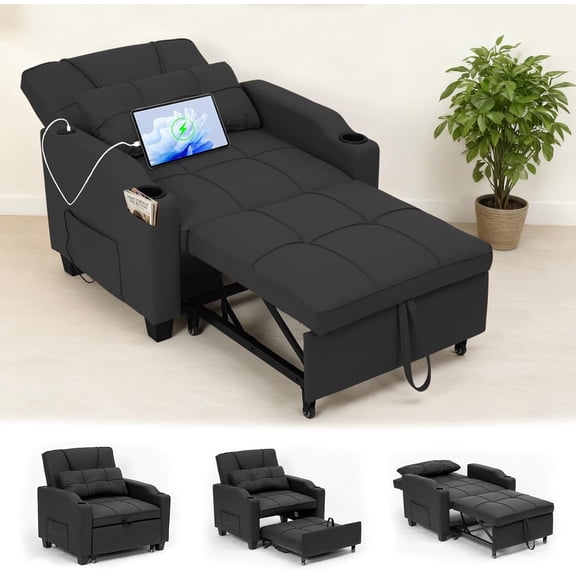 Senfot Sleeper Chair Pull-Out Bed, 4-in-1 Convertible Sofa Chair with Vibration Massage Lumbar Pillow, USB Port, Cup Holders, Side Pocket for Small Spaces