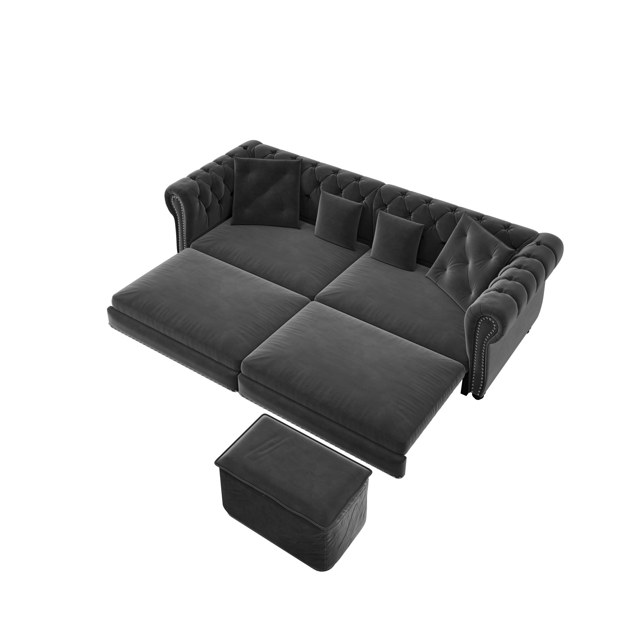 DEALTOPS 89" Velvet King Size Pull-Out Sofa Bed, 3-in-1 Convertible Sleeper Sofa with Ottoman & 4 Pillows, Gray