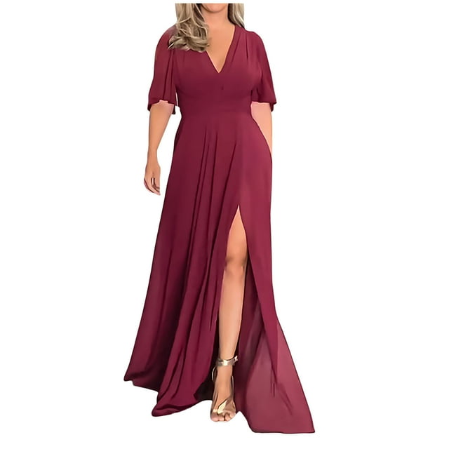 Jusqu'à 65 % de Réduction! Robes d'Été Mode pour Femmes 2024 Grande Taille Manches Moyennes Fendues Col en V Robes Longues en Chiffon