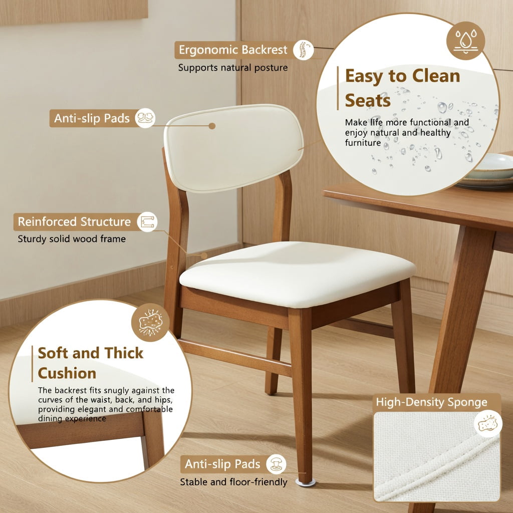 Hommoo 2-Pack Solid Wood Dining Chairs with PU Cushions, Ergonomic Hollow-Back Design for Dining Room, Home Office & Cafe, Beige & Walnut