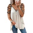 thumbnail image 1 of QJUHUNG Women Summer Short Sleeve Cold Shoulder V Neck Zipper Tunic Tops Loose Leopard Blouse, 1 of 2